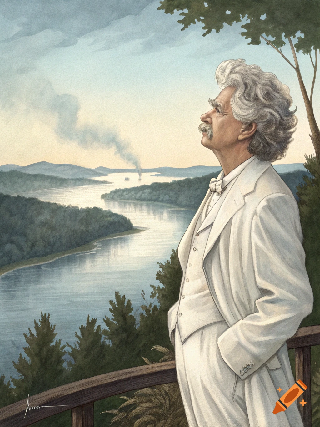 Illustration of Mark Twain in a white suit overlooking the Mississippi River with a steamboat