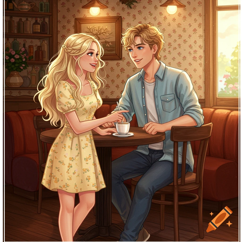 Illustrated young couple dating in a cafe