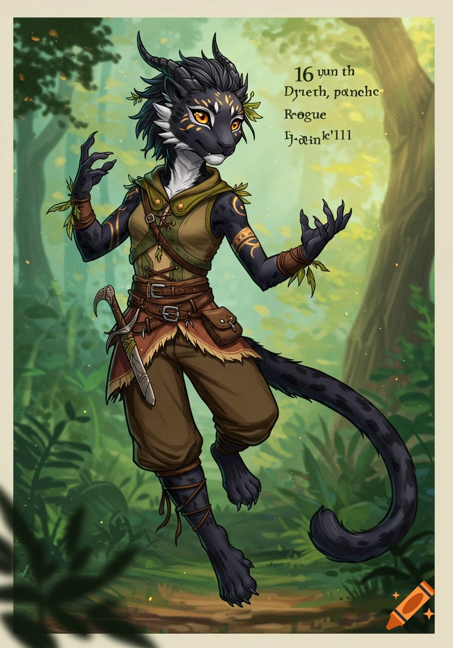 Fantasy illustration of a dark feline character with horns and markings wearing leather and cloth armor in a forest.