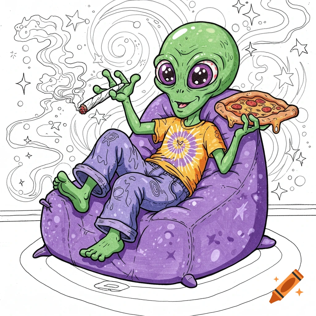Cartoon alien sits on a beanbag smoking a joint and eating pizza, coloring page style illustration.