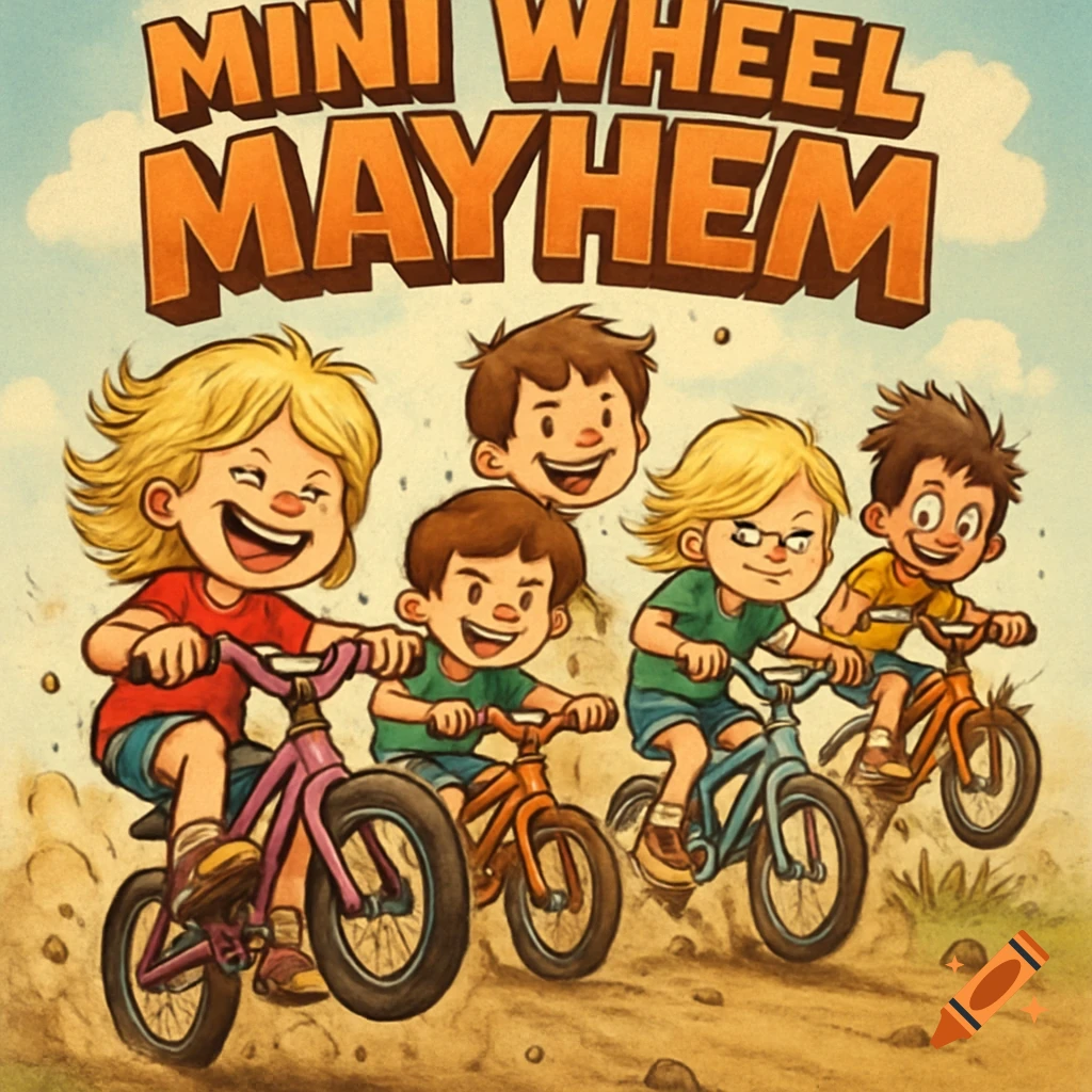 Cartoon illustration of children riding bikes in a race, with the text "Mini Wheel Mayhem" above them.