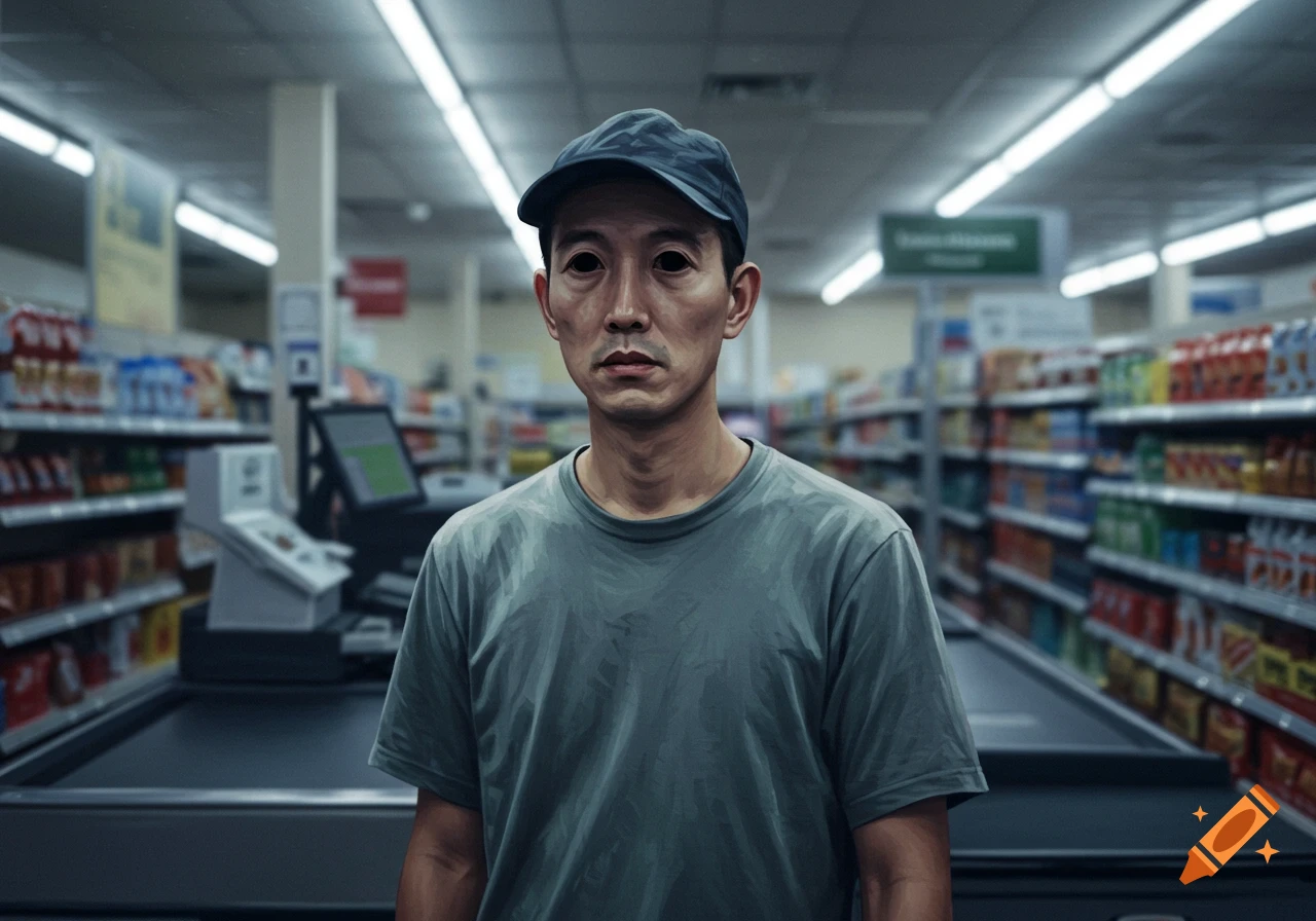 A man with black empty eyes stands in a grocery store checkout line.