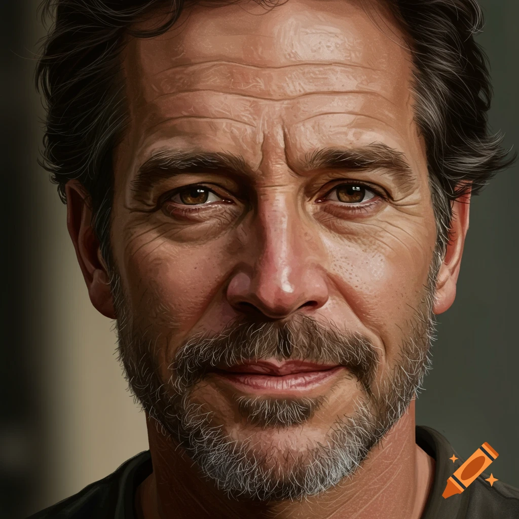 Close-up digital painting portrait of a middle-aged man with a beard looking at the camera.