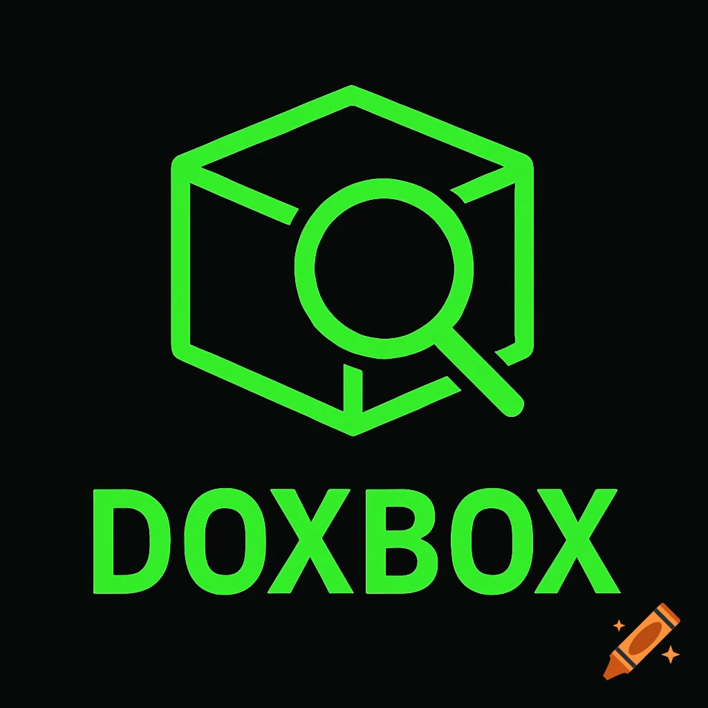 Green outline of a cube with a magnifying glass inside, above the green text "DOXBOX" on a black background.