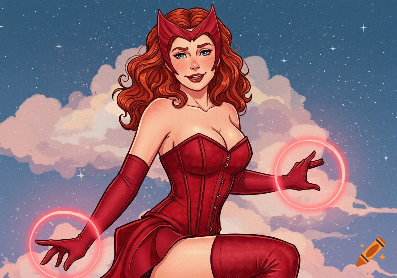 Illustration of Scarlet Witch casting magic against a starry sky with clouds.