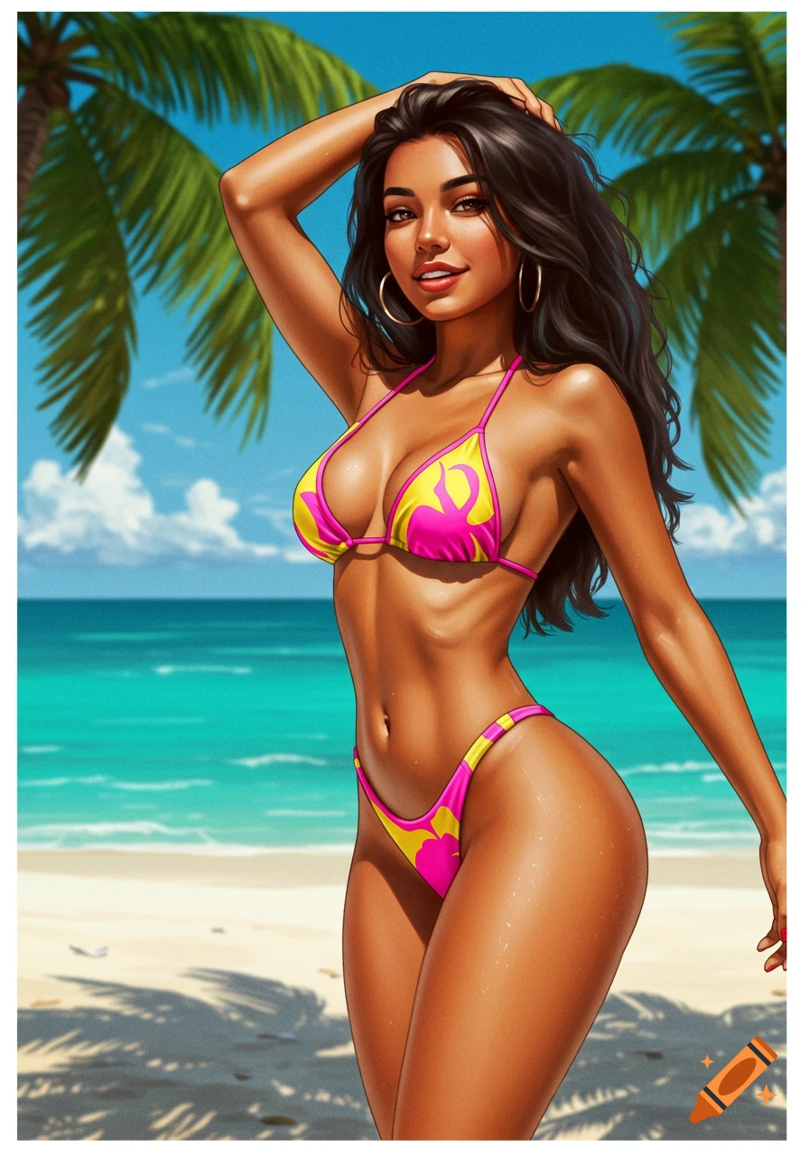 A stylized illustration of a woman in a bikini on a tropical beach.