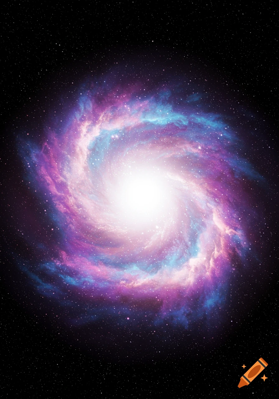 A vibrant spiral galaxy with purple, pink, and blue gas and stars against a dark space background.