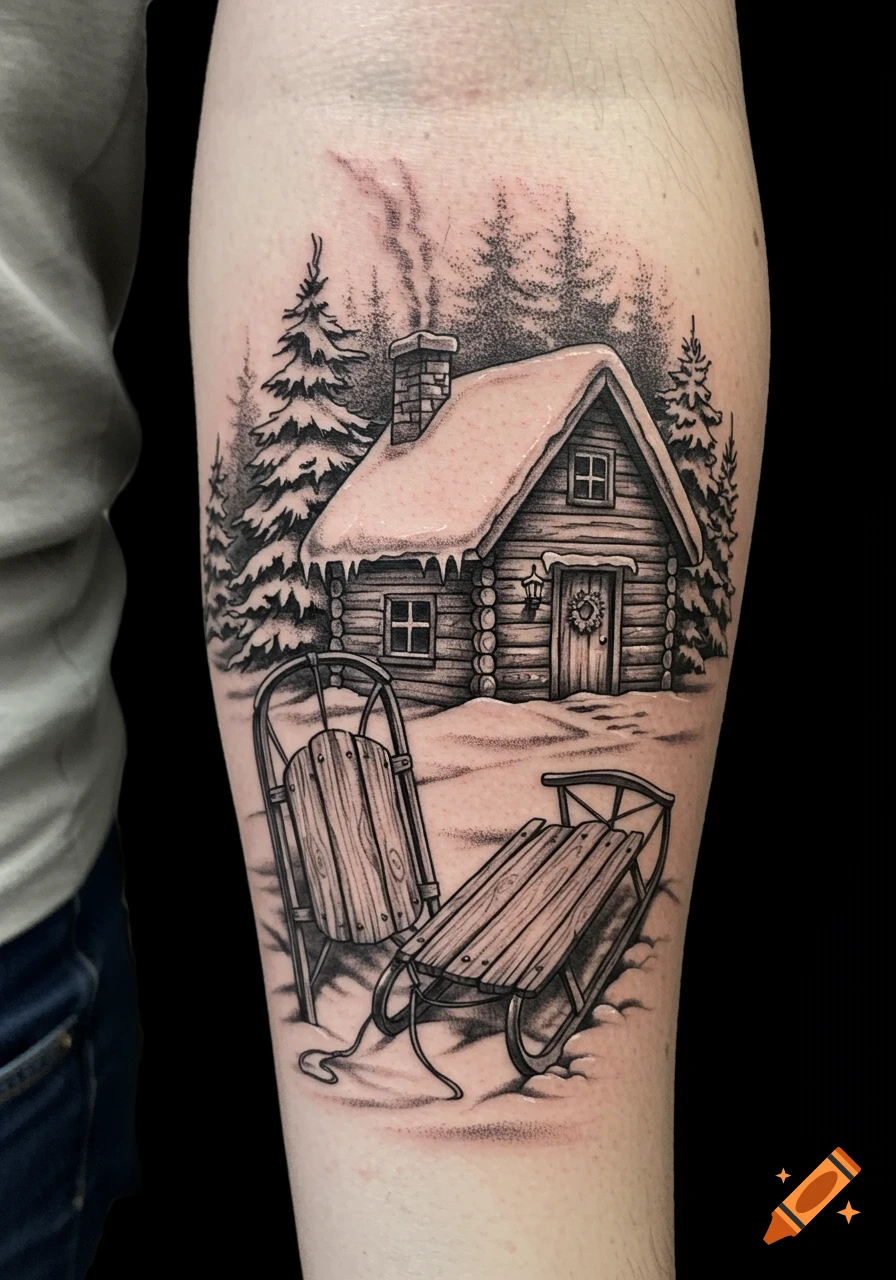 Black and white tattoo on an arm depicting a snow-covered cabin with smoke rising from the chimney, surrounded by pine trees, with two sleds in the foreground.