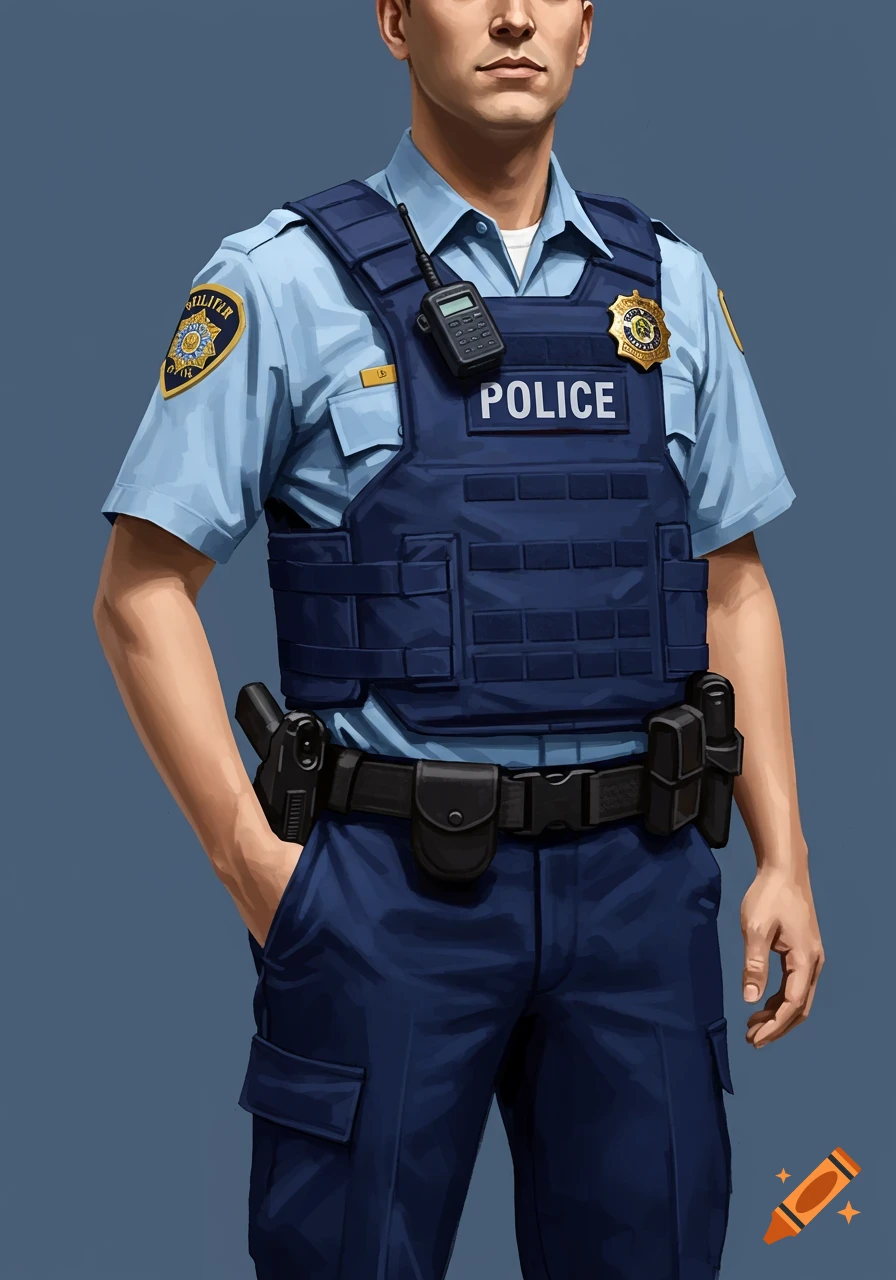Illustration of a police officer wearing a vest and duty belt.