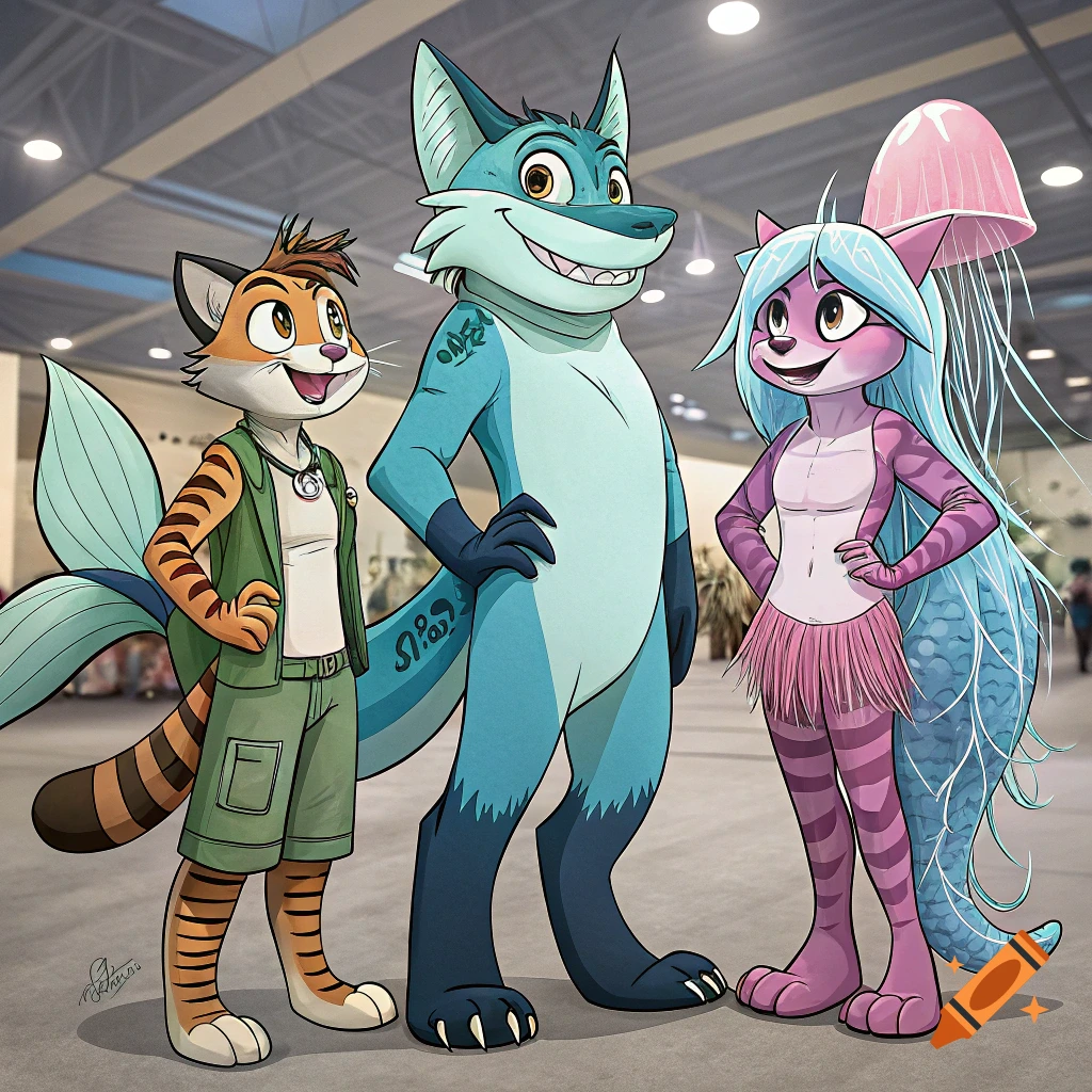 A cartoon of three anthropomorphic characters standing in an indoor convention hall.