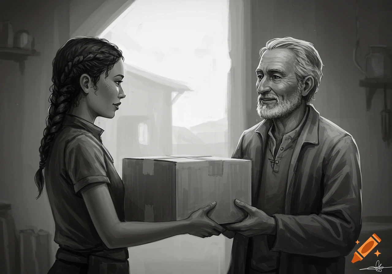 Black and white illustration of a woman handing a package to an older man.
