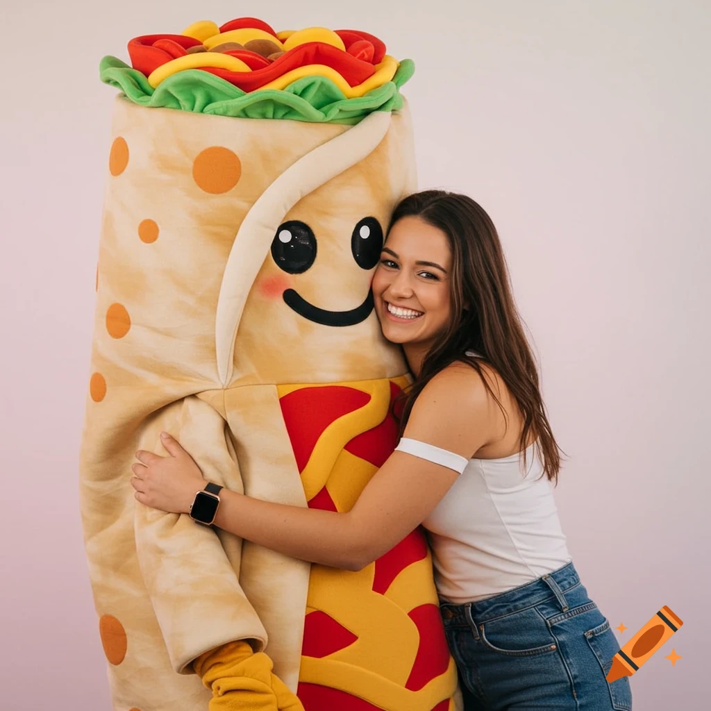 A person hugs a person in a giant smiling burrito costume.