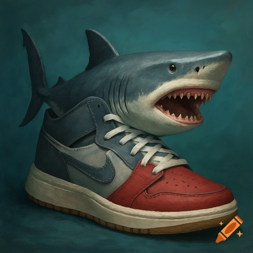 Illustration of a shark head emerging from a red, white, and blue sneaker.