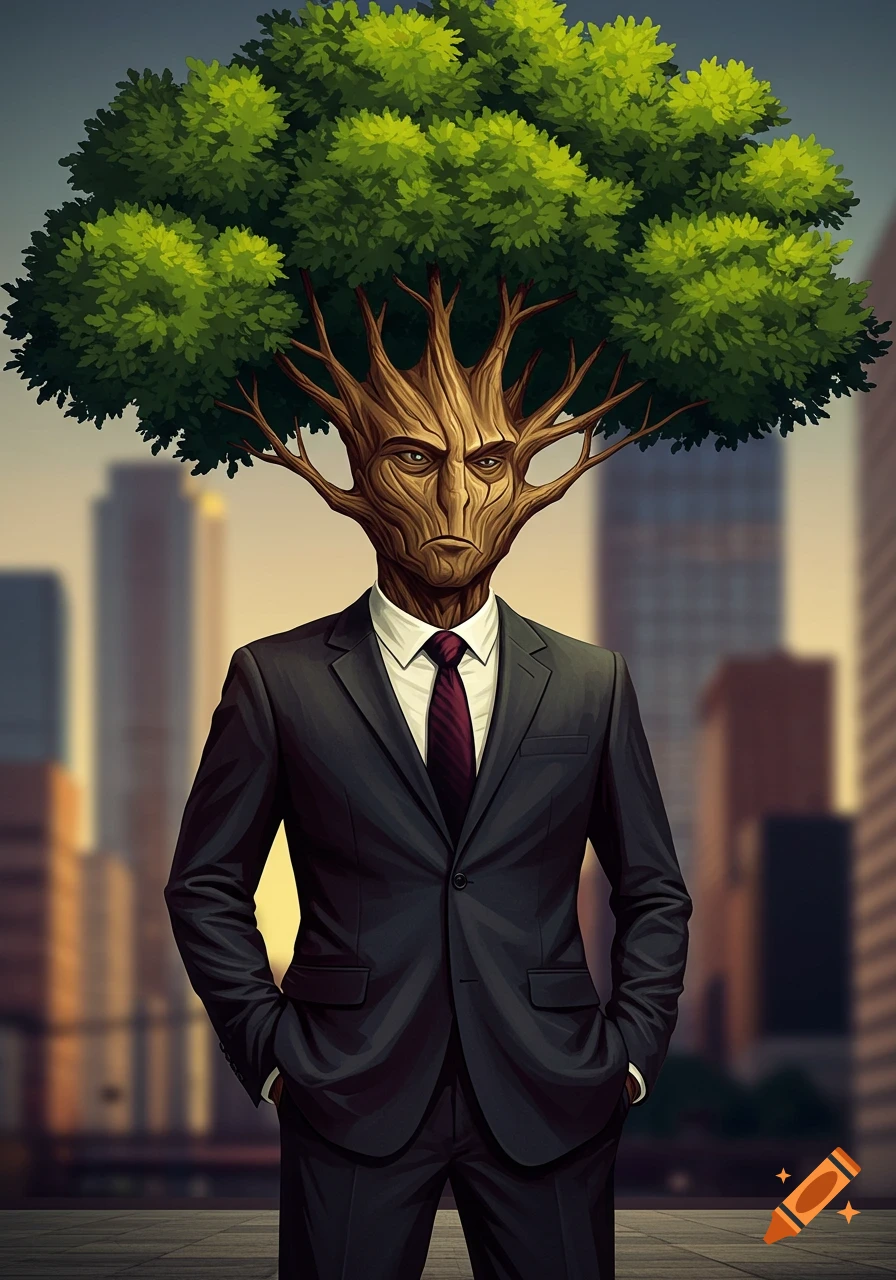 Tree person in a suit standing in front of blurred city buildings.