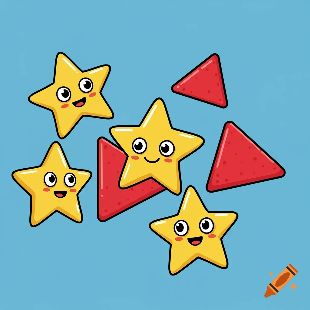Illustration of cute cartoon stars and red triangles on a blue background.