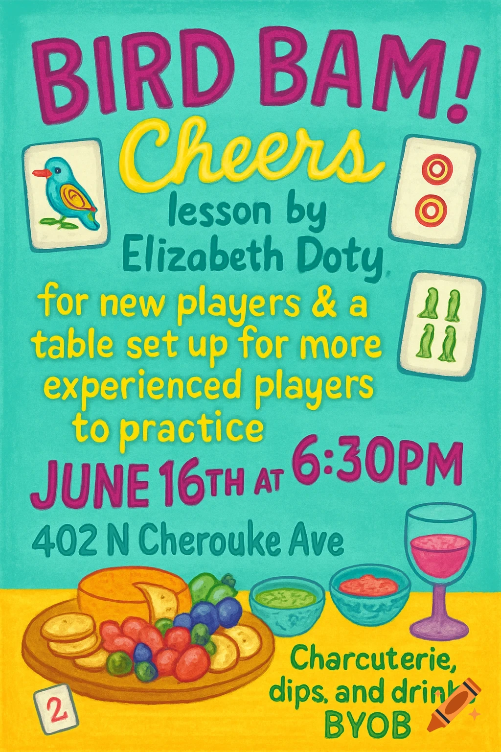 An illustrated invitation poster for a mahjong lesson, showing mahjong tiles, a bird, charcuterie, dips, and wine, with event details.