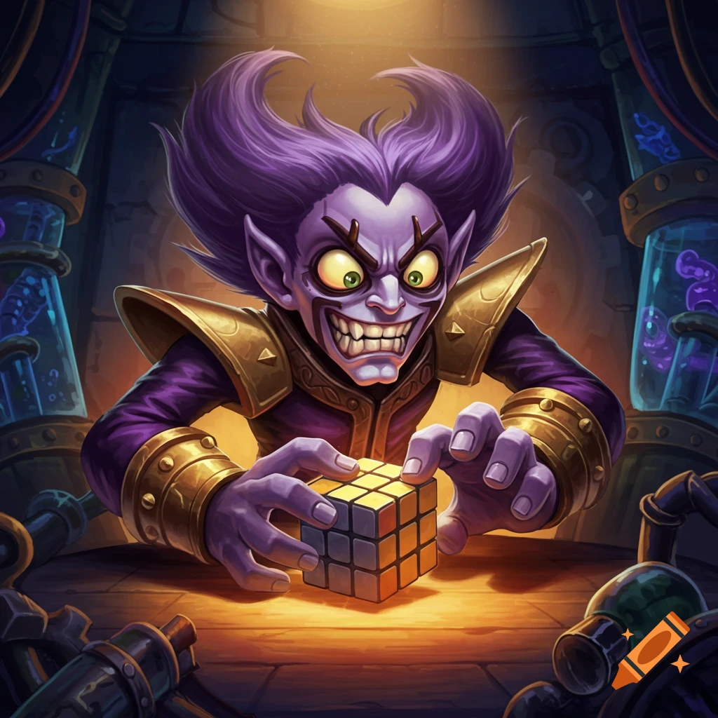 A stylized fantasy villain figure with purple skin and hair grins while trying to solve a Rubik's cube.