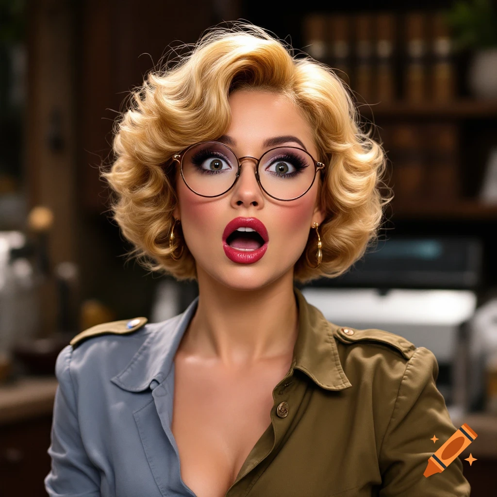 Glamorous woman with blonde curly hair, glasses, and makeup, looking surprised, wearing a split color shirt, retro style.