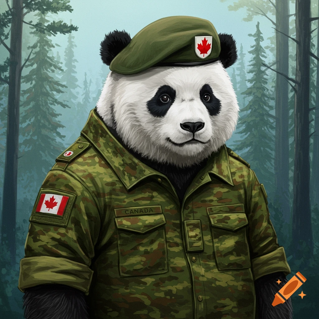 A panda bear wears a Canadian military uniform with patches in a forest.