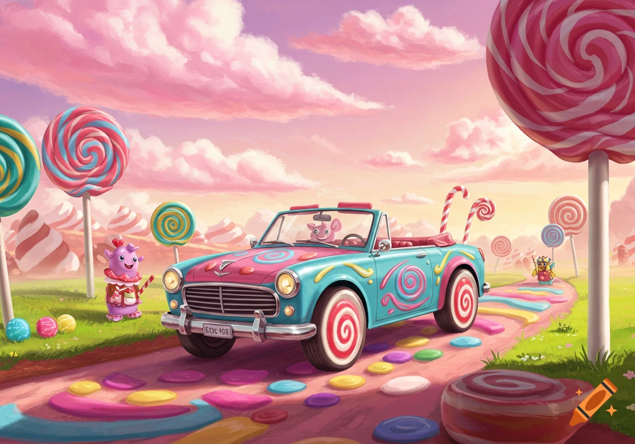 A cartoon mouse drives a teal and pink car down a candy road in a lolly land with giant lollipops and candy creatures.