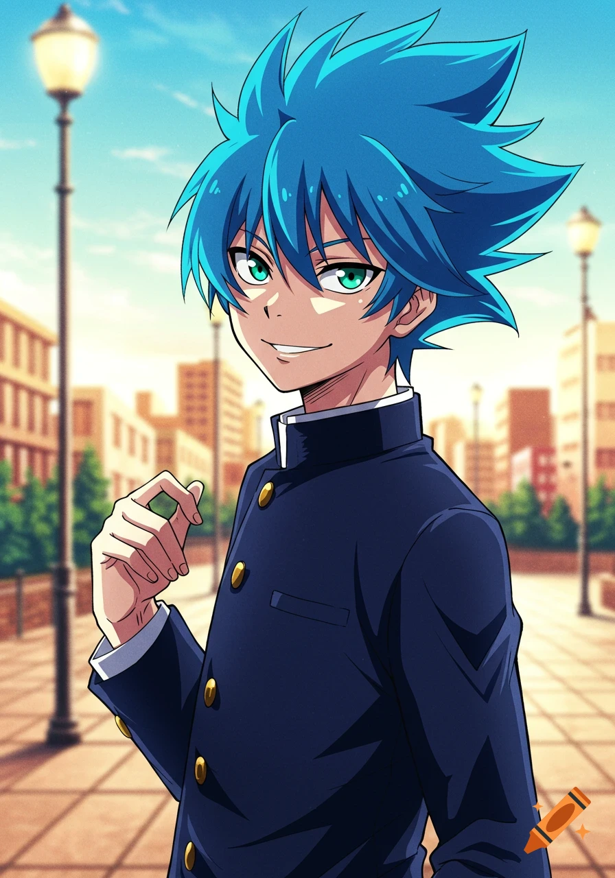 An anime boy with blue spiky hair and green eyes in a dark blue school uniform smiles in a bright cityscape.