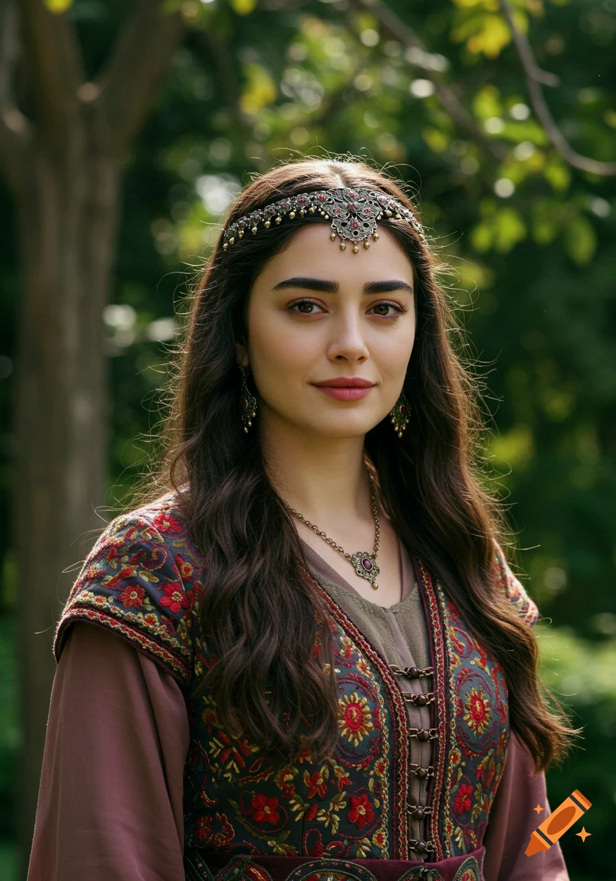 Portrait of a woman in historical Turkish clothing and headpiece outdoors