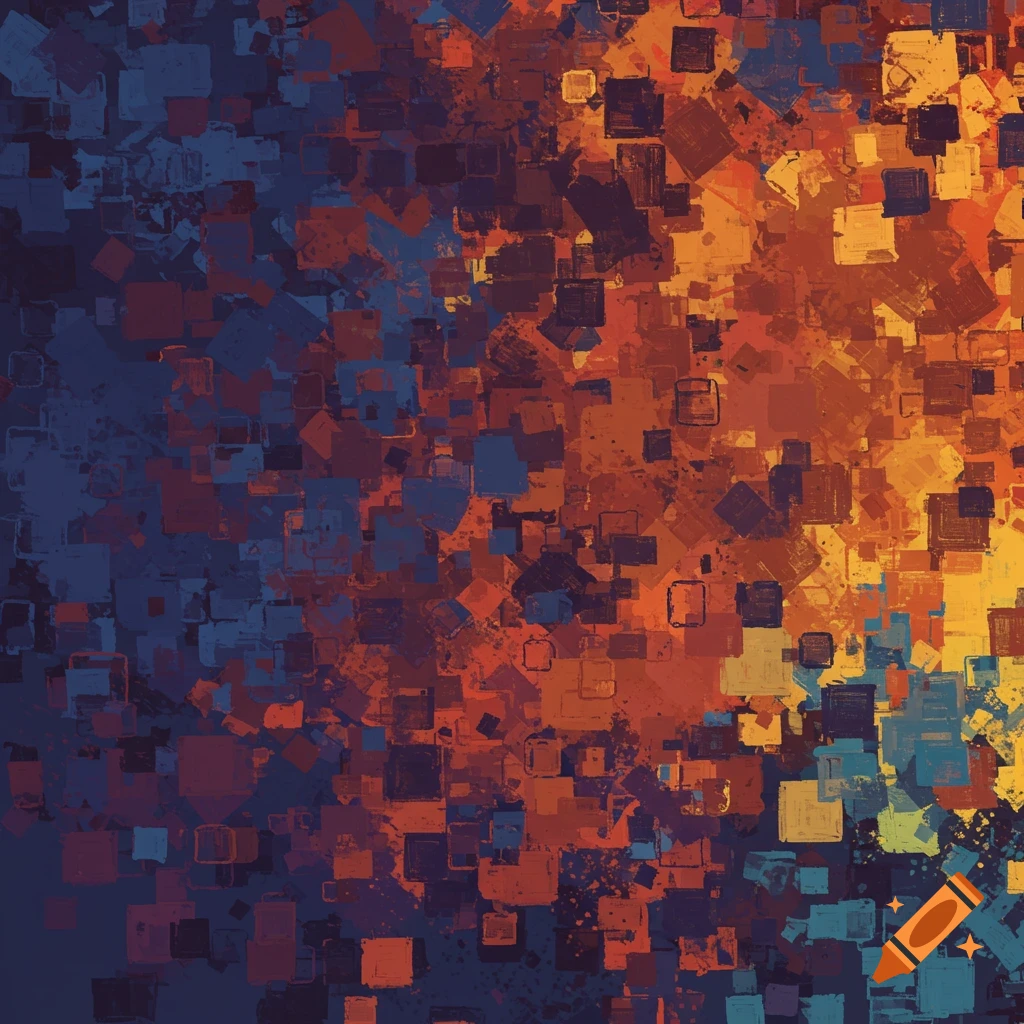 Abstract composition of colorful squares in blue, red, orange, and yellow.