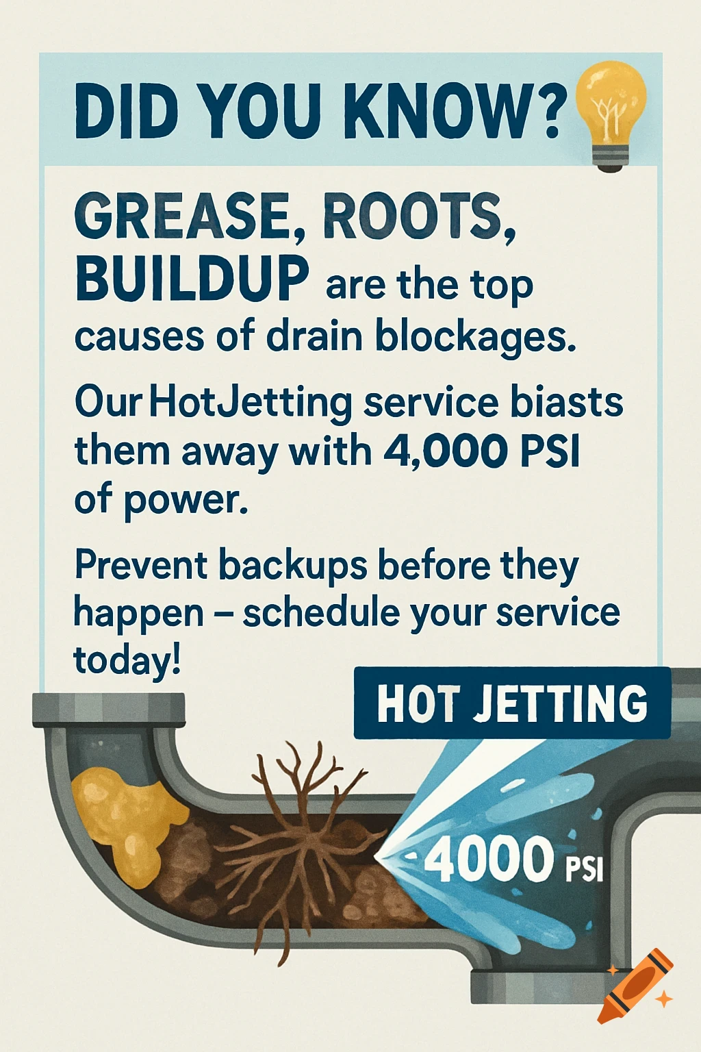 Illustration showing a clogged drain pipe being cleared by hot jetting, with text about drain blockages.