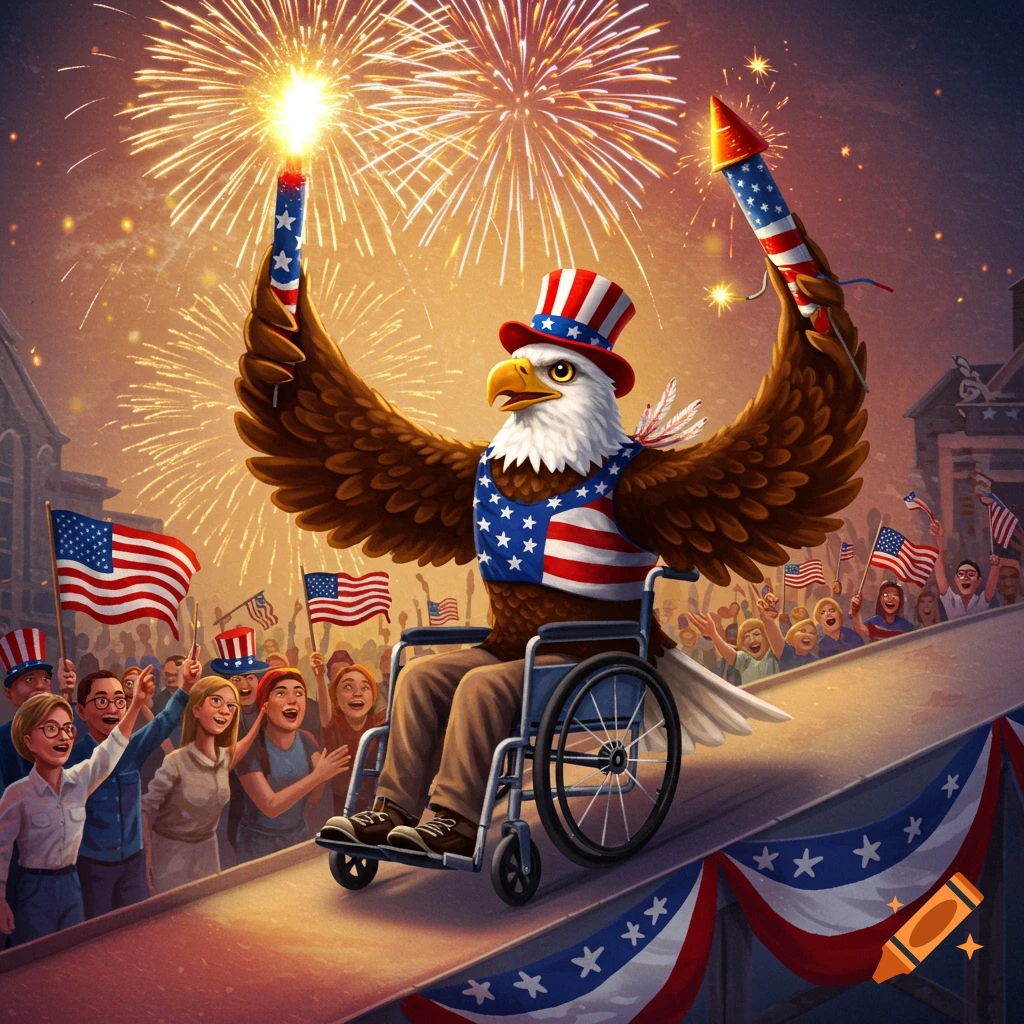 Cartoon eagle in a wheelchair holding fireworks rolls down a ramp at a patriotic parade with fireworks exploding overhead.