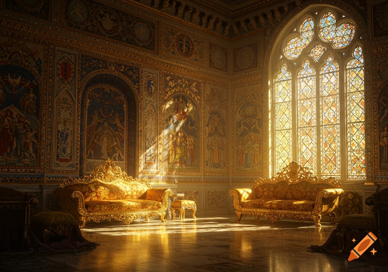 Luxurious palace interior with ornate gold couches and a large, sunlit stained glass window.