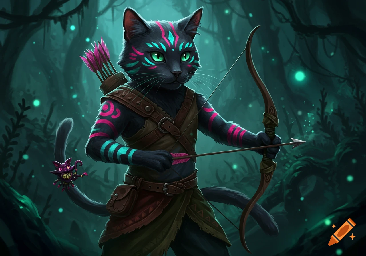 A black cat fantasy warrior with tribal markings holds a bow and arrow in a forest.