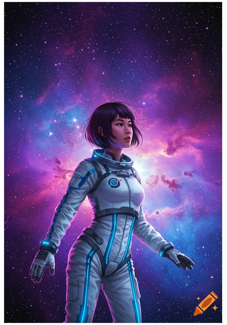 A female astronaut stands against a vibrant purple and blue nebula.