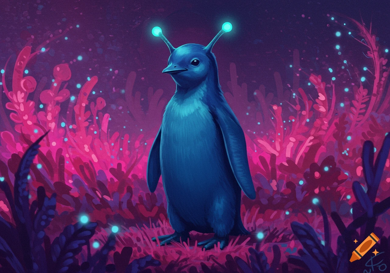 A blue alien penguin with antennae stands in a vibrant pink and purple glowing fantasy garden illustration.