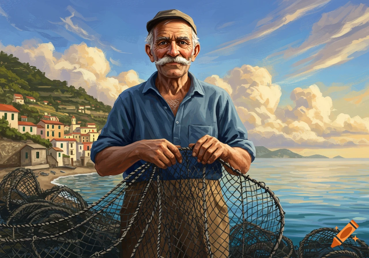 An old fisherman with a mustache holds a net by the sea with a coastal village and mountains in the background, illustration.