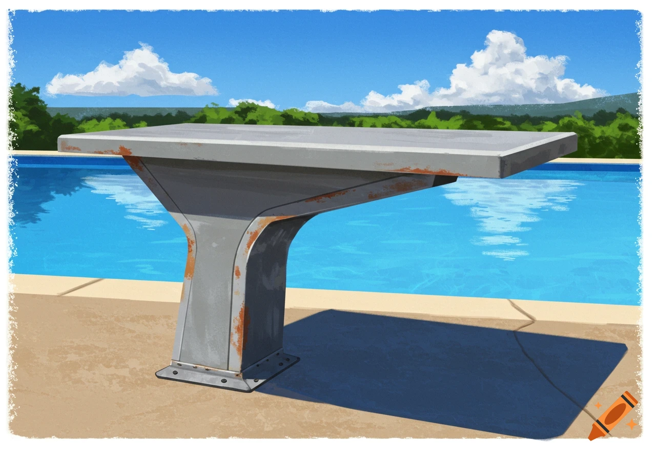A gray diving board with rust sits beside a swimming pool under a blue sky, rendered in an illustrative style.