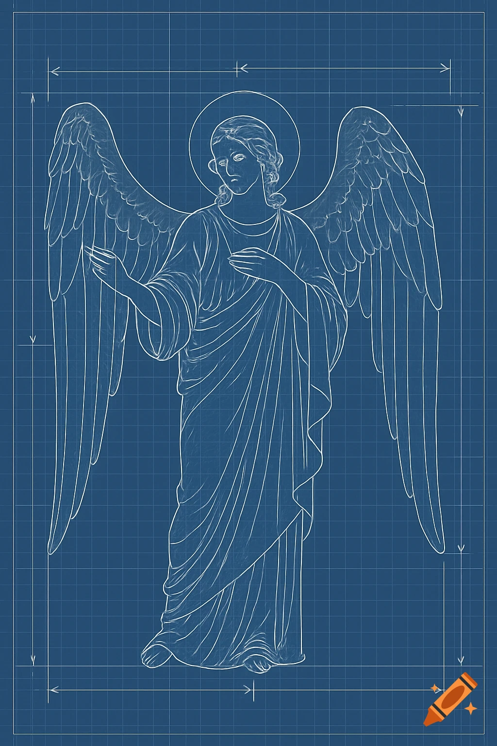 Blueprint drawing of a winged angel