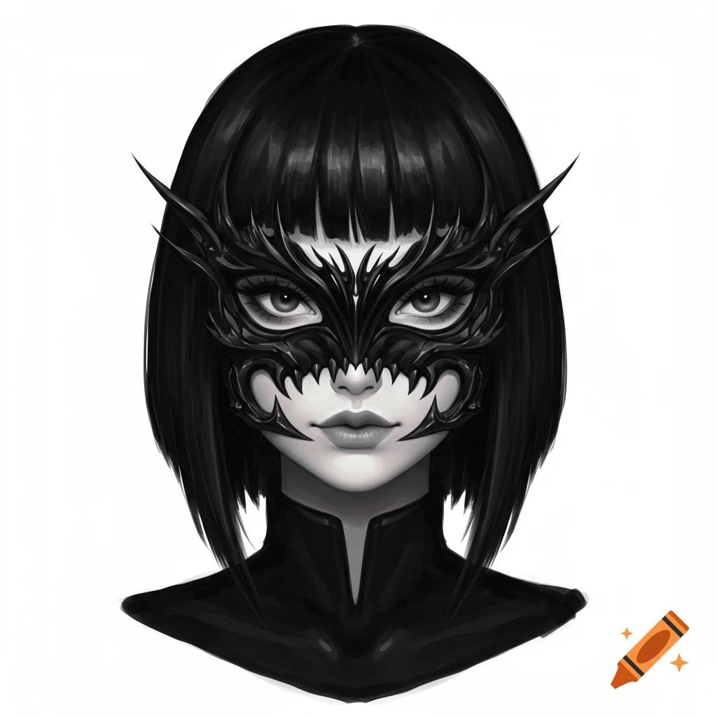A stylized portrait of a girl wearing a spikey black mask.