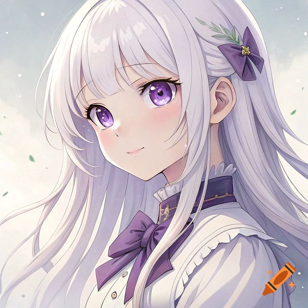 Anime portrait of a girl with white hair and purple eyes wearing a ...