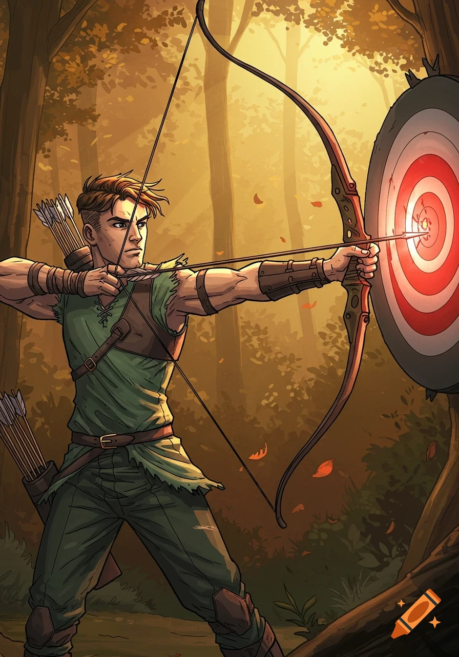 An illustrated archer aims a bow and arrow at a target in a sunlit forest.