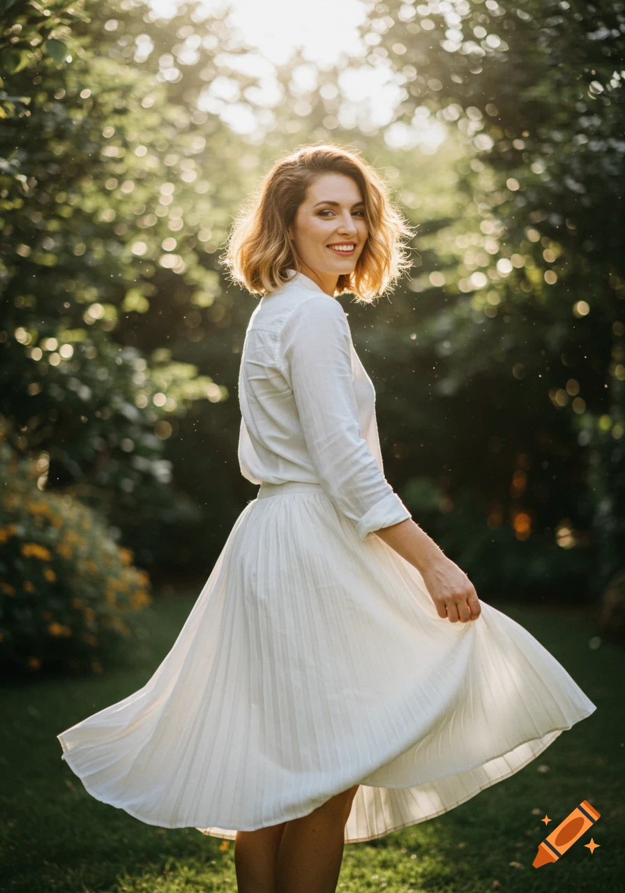 Woman in white skirt spinning in a sunny garden