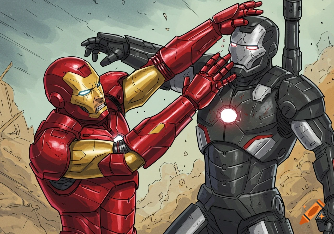 Comic art of Iron Man fighting War Machine