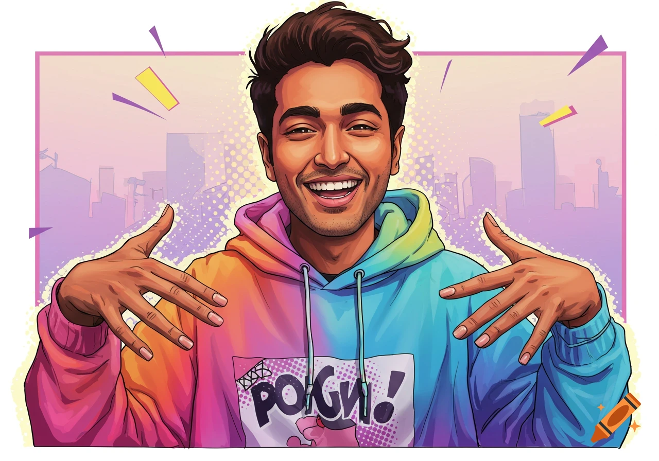 Illustration of a young man smiling in a colorful hoodie, arms out, pop art style