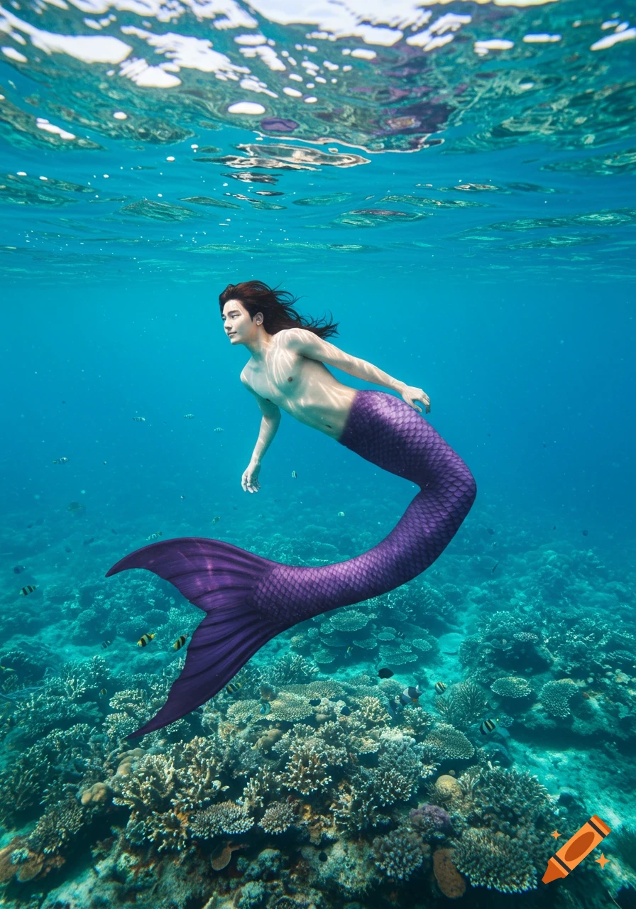 A merman with a purple tail swims in clear blue water over a coral reef.