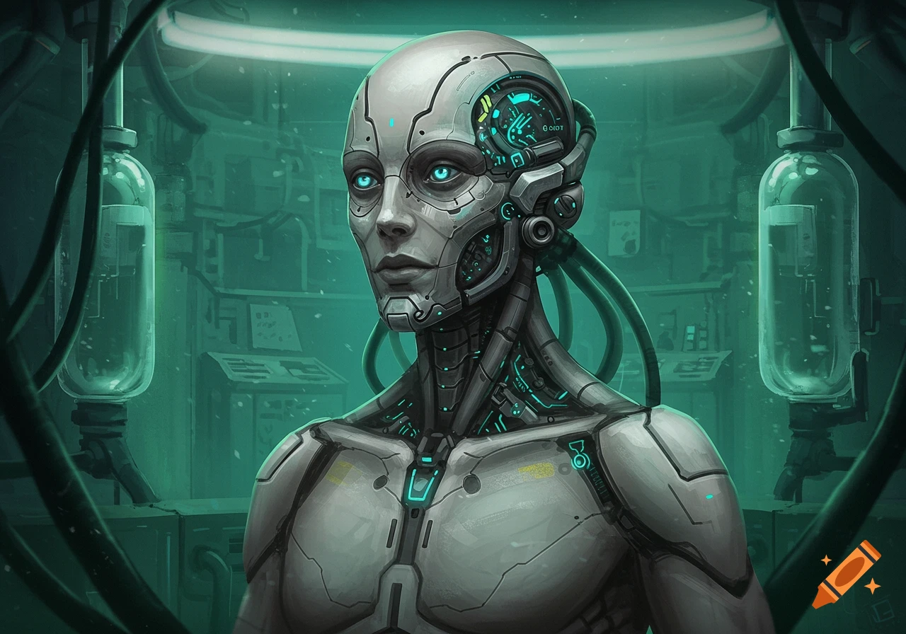 Detailed illustration of a humanoid robot in a futuristic lab.