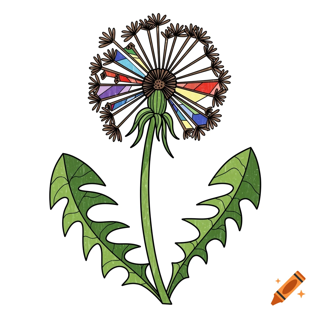 A stylized drawing of a dandelion with colorful patchwork segments in its seed head, in a coloring page style.