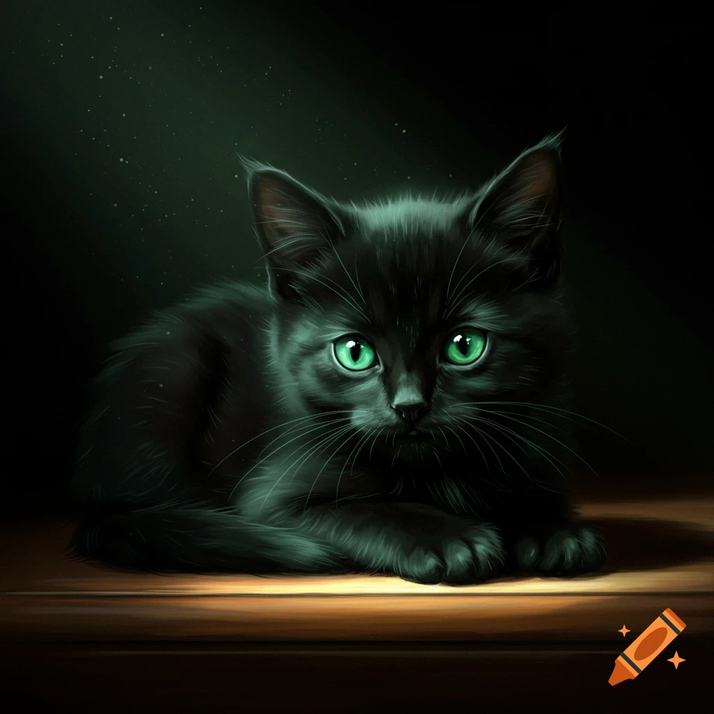 A black kitten with bright green eyes lies on a wooden surface in the dark.