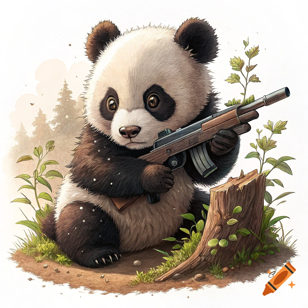 Cute baby panda sitting in a forest clearing, holding a rifle. Illustration style.