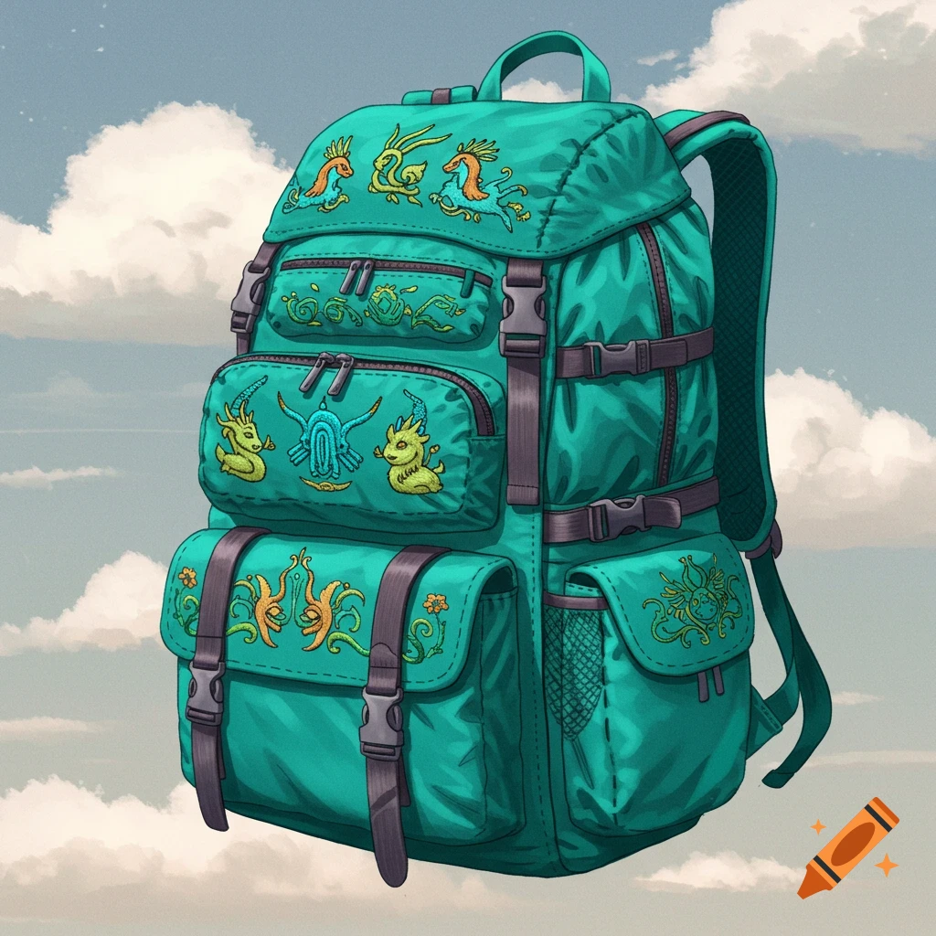 A green backpack decorated with colorful fantasy creatures floats against a cloudy sky.