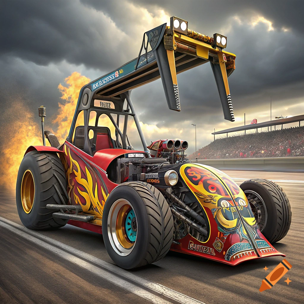 A heavily customized, red telehandler dragster with flames and large rear tires on a race track.