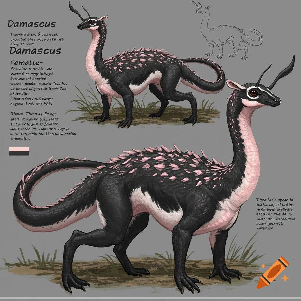 Concept art drawing of a black and white fictional creature with a long neck, pink spikes, and horns.